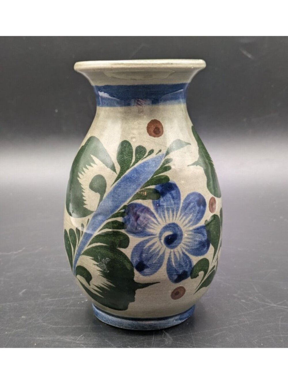 Tonala Mexican Folk Art Pottery Bud Vase Flowers Hand Painted 5” Signed